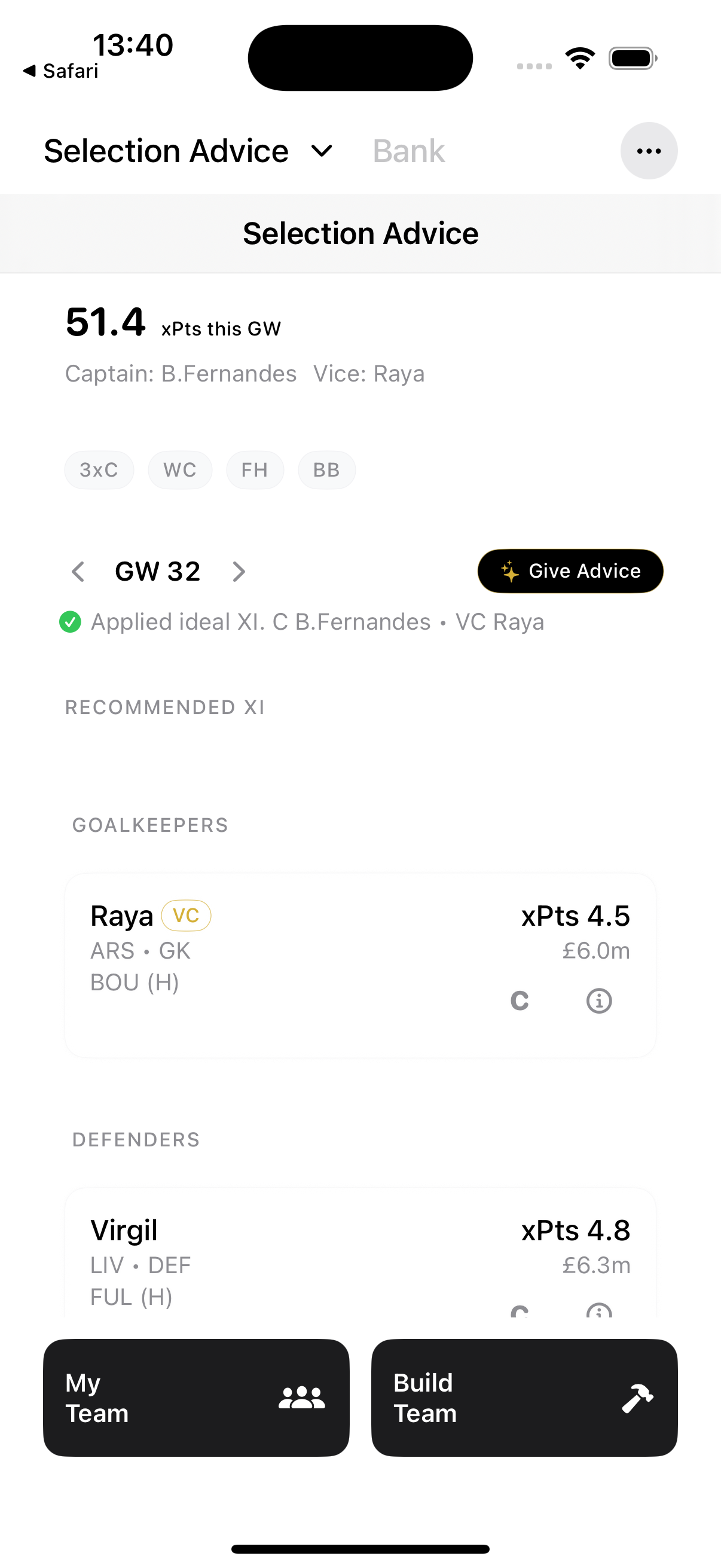 FPL Pro Selection Advice screen