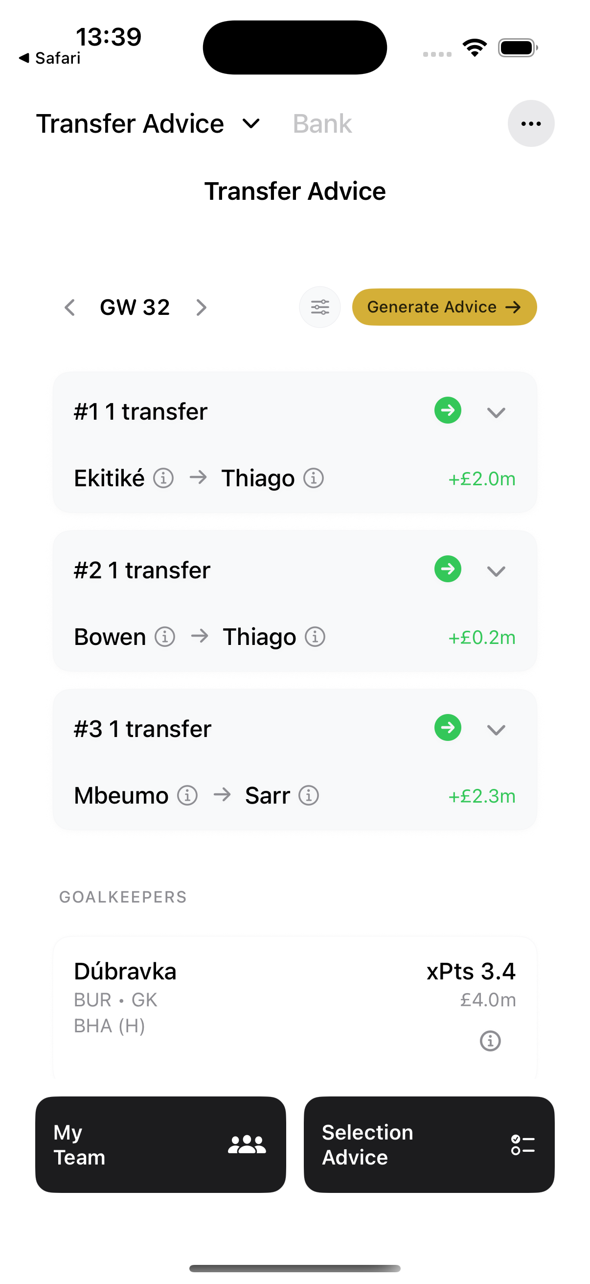 FPL Pro Transfer Advice screen